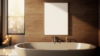 A modern bathroom features a sleek white bathtub against a gray tiled wall. Two lit candles and green potted plants on either side create a serene and tranquil atmosphere.