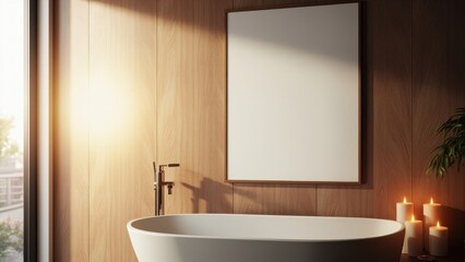 A modern bathroom features a sleek white bathtub against a gray tiled wall. Two lit candles and green potted plants on either side create a serene and tranquil atmosphere.