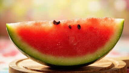 A close-up of a slice of watermelon resting on a wooden surface. The red flesh, black seeds, and green rind contrast beautifully, emphasizing the fruit’s freshness and summery appeal.