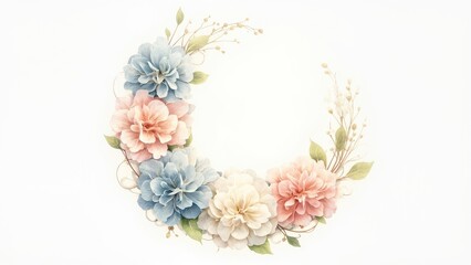 A circular floral wreath composed of pink, blue, and white flowers with interspersed green leaves. The symmetrical arrangement creates a delicate and balanced design against a plain white background.