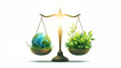 A golden balance scale holds the Earth with green leaves on one side and a collection of plants on the other. The composition symbolizes environmental balance, sustainability
