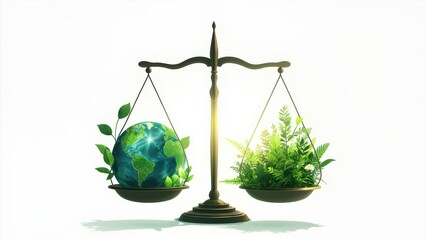 A golden balance scale holds the Earth with green leaves on one side and a collection of plants on the other. The composition symbolizes environmental balance, sustainability,