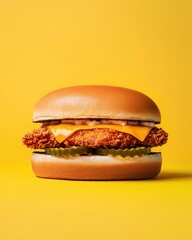 Delicious Crispy Chicken Sandwich with Cheese and Pickles on Yellow Background