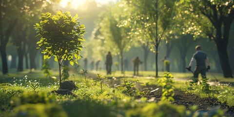 Luminous Forest Scene: Sunlight, Planting, and Serene Greenery.