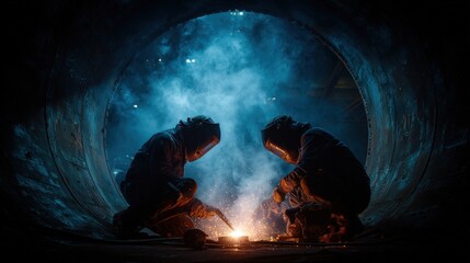 Technicians welding submarine pressure hull plates inside dockyard, dramatic low light, with copyspace