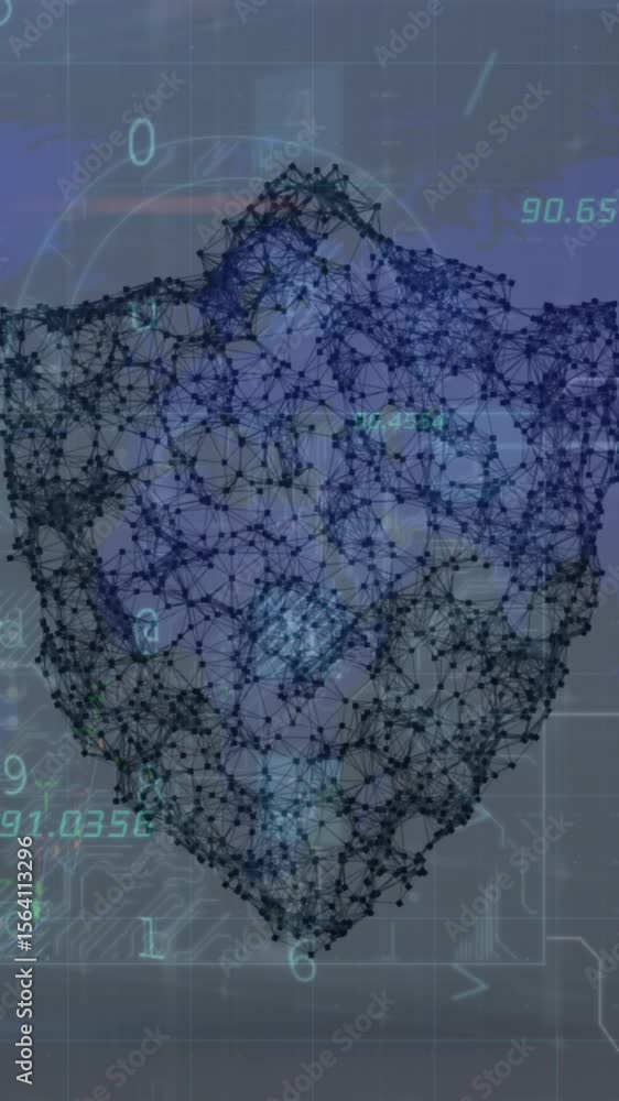 Poster animation of cyber security data processing over security shield icon against world map