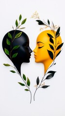 Black and yellow mannequin heads face each other with branches and leaves on a white surface.