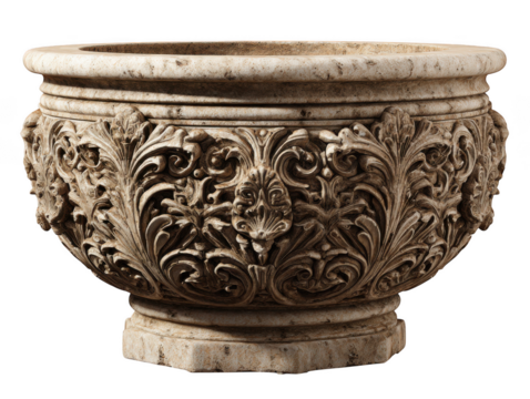 Ornate stone planter with intricate carved floral and foliage motifs, exuding classical elegance and timeless beauty.