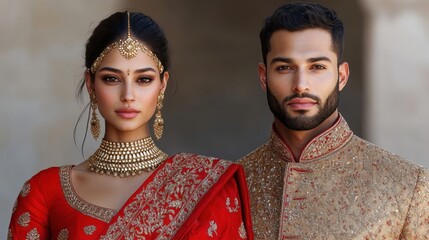 Bride in luxurious traditional sari and groom in embroidered sherwani pose lovingly in front of a minimalist warm backdrop, celebrating love and heritage.