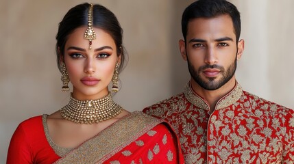 Indian bride in a deep red sari with golden jewelry stands beside her groom in an embroidered sherwani, both captured in a regal, warm-toned setting.