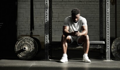 A muscular Black man sits on a weight bench in a gym, checking his phone, sunlight illuminating him