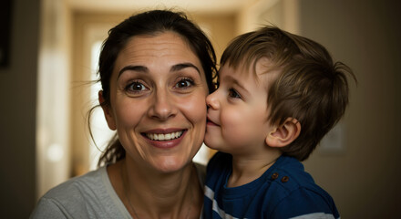 Smiling mother receiving kiss from toddler son indoors. Caucasian woman with dark hair and child showing affection. Maternal love and family bonding concept