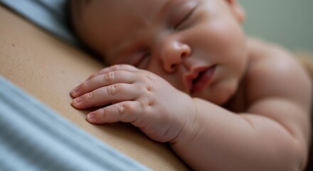Sleeping newborn baby with delicate hand on mother's chest. Peaceful maternal moment in soft natural light. Motherhood and nurturing concept. Baby care products, maternity services