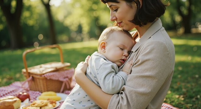 Mother holding sleeping baby during outdoor picnic in sunny park. Woman cradling infant with wicker basket and food on checkered blanket. Maternal bonding and peaceful moment concept - Powered by Adobe