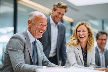 Obraz premium Four business professionals, two men and two women, laugh joyfully around a table in a bright office, collaborating on documents