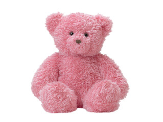 A charming and fluffy pink teddy bear stuffed animal sitting upright and isolated on a clean white background
