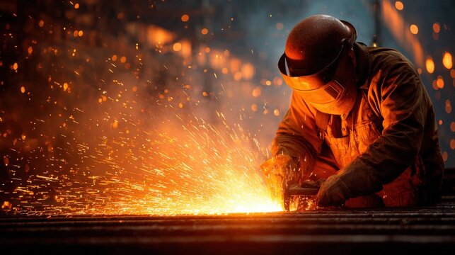 worker in heavy industry fabricating large steel plates, motion blur of sparks
