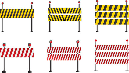 Back and yellow warning signs set. Construction attention and danger signs with black, red and yellow tape markings. Under construction concept.