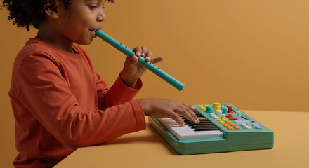 African American girl playing turquoise flute with colorful keyboard instrument against orange background. Child developing musical skills and creativity. Music education concept