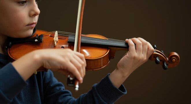 Child playing violin with bow in navy blue shirt indoors. Young musician focused on classical instrument practice. Music education and skill development concept