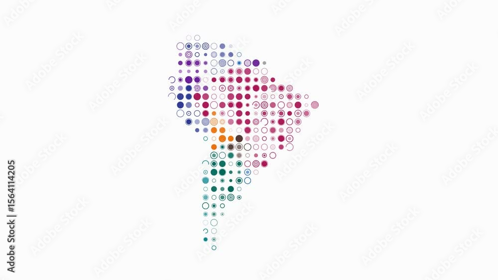 Poster south america dotted animation. shape of the continent build of pulsating colored dots. large size c