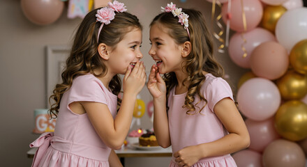 Two girls in pink dresses whispering secrets at birthday party with balloons. Children sharing gossip with floral headbands. Friendship and celebration concept