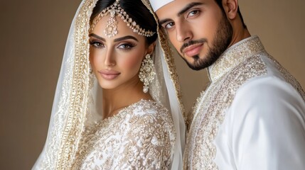 A sophisticated wedding portrait of a Middle Eastern bride and groom: she wears a traditional embroidered dress with modest elegance, he wears a classic thobe and flowing bisht, standing in soft golde