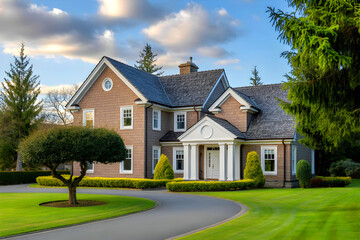 Elegant home with lovely gardens during a sunny day.