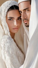 Elegant image of a Middle Eastern bridal couple, featuring the bride in a delicately adorned gown and the groom in a flowing bisht, set in a serene setting with golden-toned light and minimalist sophi