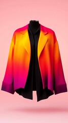Colorful blazer drapes a black mannequin against a soft pink background showing bright color gradients from yellow to orange to pink to purple.