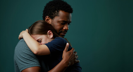 African American father holding son in emotional embrace against teal background. Tender moment between man and child showing love and connection. Fatherhood bonding concept
