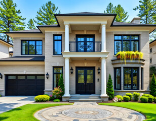 A stunning home with a balcony and lovely landscaping on a bright day.