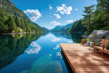 Obraz premium Scenic mountain lake with a wooden dock and vibrant natural surroundings