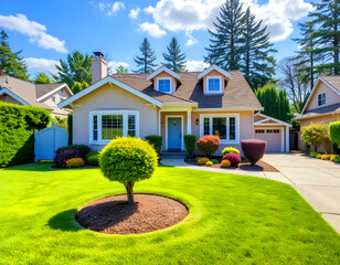 An elegant pink home with lovely garden design on a bright day.