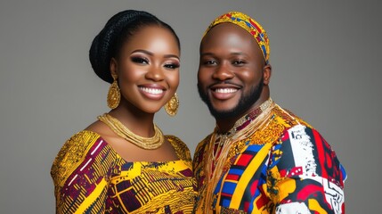 Cultural wedding portrait of African couple — bride in Ankara with golden details, groom in agbada, captured against a simple background that highlights their regal presence and traditional elegance.