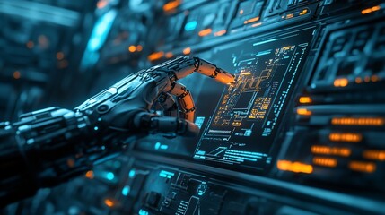 Futuristic Robotic Hand Interacting with Glowing Digital Interface