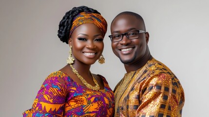 Stylish African couple in wedding attire, the bride’s Ankara dress bursts with color and texture, the groom’s agbada flows elegantly, both framed by a soft neutral space that enhances their beauty and