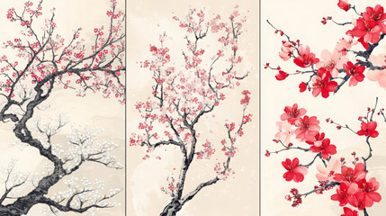 Naklejka premium A vector illustration set featuring traditional Japanese Sakura art, celebrating the spring cherry blossom season. Includes elegant depictions of cherry blossom branches, petals, and flowers