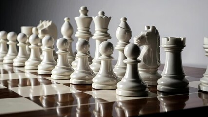 Chessboard with white chess pieces, pawns, rook, and knight, strategic game. Chess game strategy and decision making. Competition concept, business competition, and intellectual pursuit. - Powered by Adobe