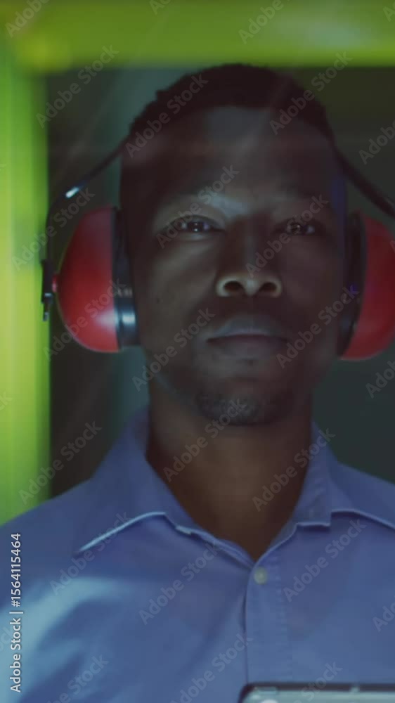 Poster animation of data processing over african american male it engineer by computer servers