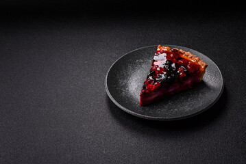 Pie, cheesecake with mascarpone, raspberries and blackberries. Cheesecake with cheese