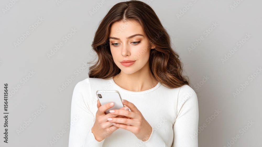 Poster woman using smartphone with focused expression on a neutral background
