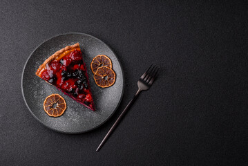 Pie, cheesecake with mascarpone, raspberries and blackberries. Cheesecake with cheese