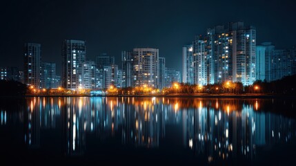 Fototapeta premium Night cityscape reflection illuminated towers and calm waters
