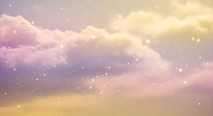 Dreamy Sky with Pastel Clouds and Sparkling Stars, Whimsical Cloudscape with Golden Light and Soft Gradient Colors