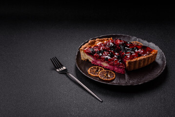 Pie, cheesecake with mascarpone, raspberries and blackberries. Cheesecake with cheese