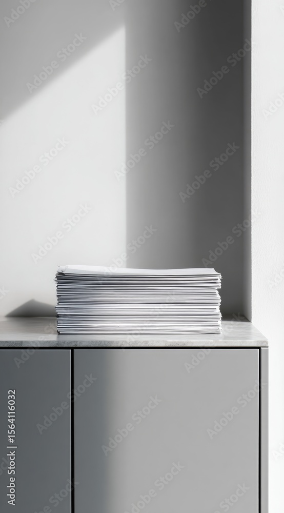 Poster a neat stack of white papers rests on a gray shelf bathed in sunlight, casting a shadow against a mi