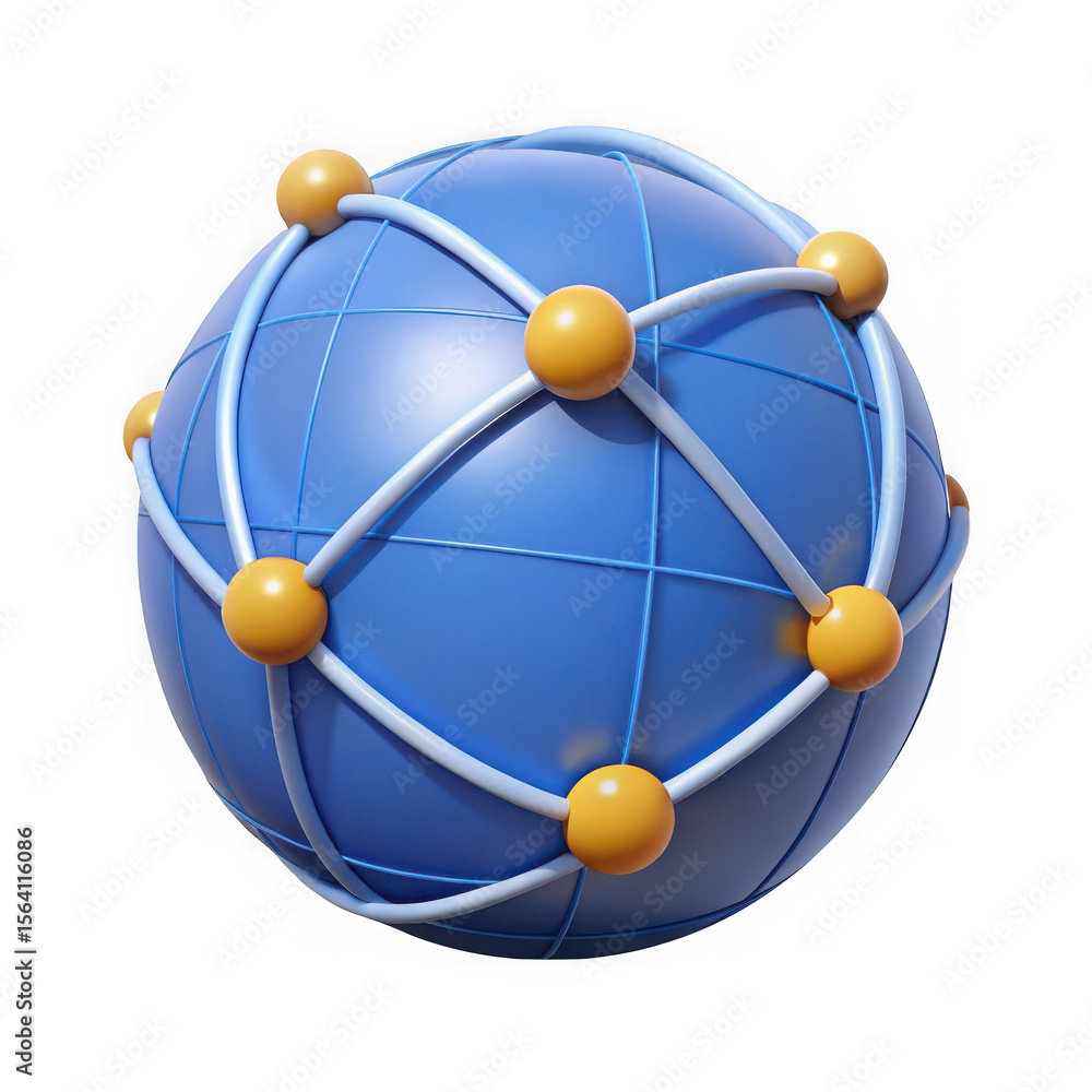 Poster stylized blue globe with network connections and yellow nodes isolated on transparent background