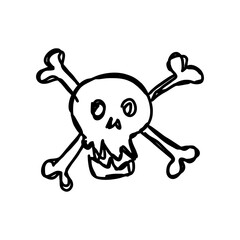 Skull and crossbones cartoon icon in rough black doodle sketch style for pirate themes, Halloween party design, caution sign sets and spooky fun SVG illustrations on transparent background