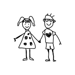 Childlike drawing of kids holding hands with heart and polka dots, sketchy black doodle SVG illustration for family, school design, love themes and children&rsquo;s educational content, transparent 